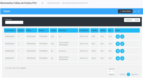 Movimentos em folhas de fechos PCC